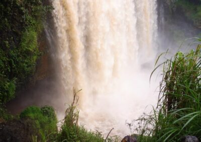 Petit autel devant les chutes d'eau en forêt